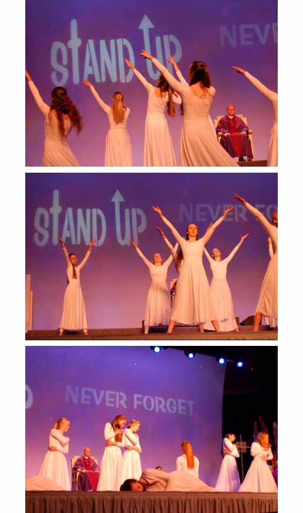 Girls dancing in front of Cardinal Mahoney